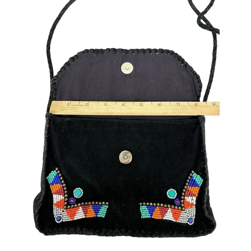 Vintage Bohemian Hobo‎ Embroidered Embellished Crossbody Black Suede Purse Bag